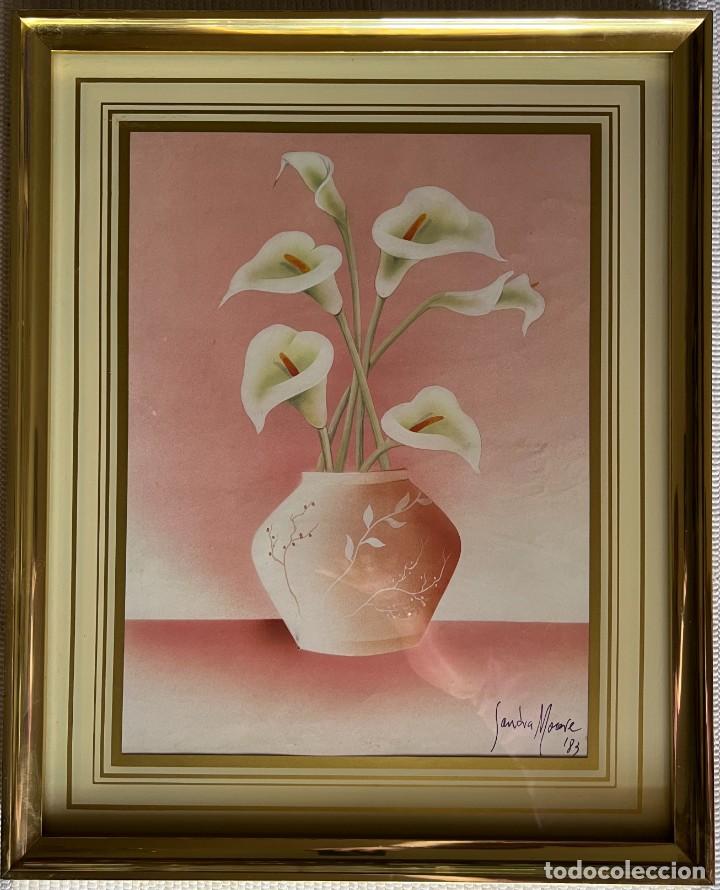 Vintage: Cuadro dorado 53x43 con jarr&oacute;n y flores lamina de 40x30