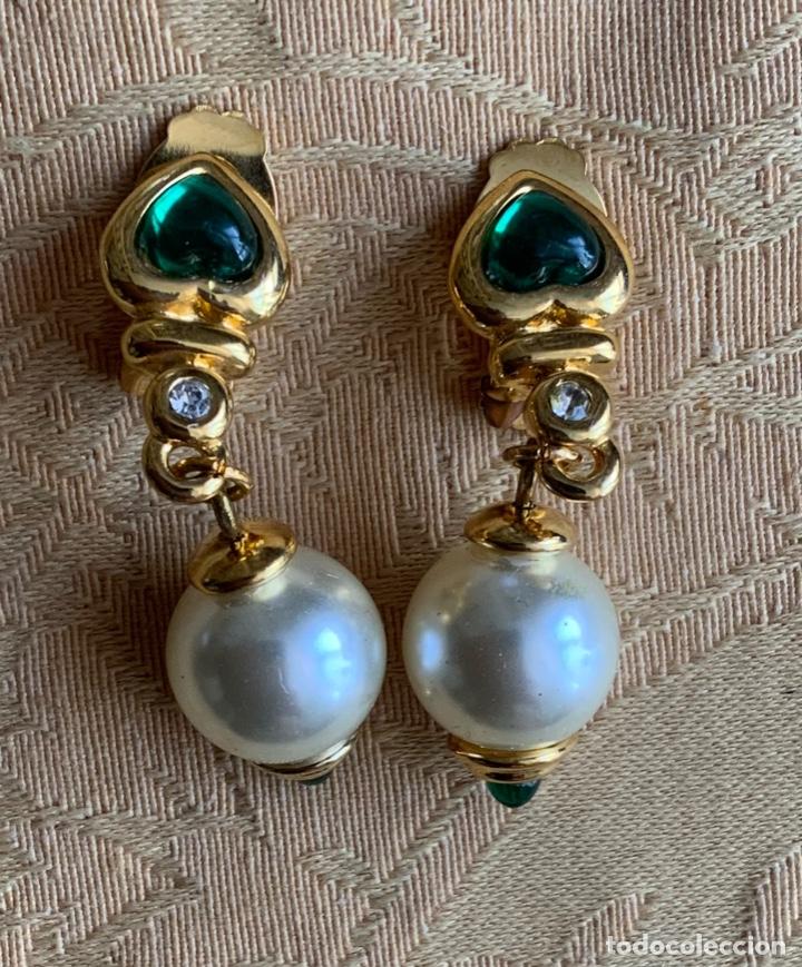Vintage: PENDIENTES VINTAGE CORAZ&Oacute;N VERDE Y PERLA - Foto 2