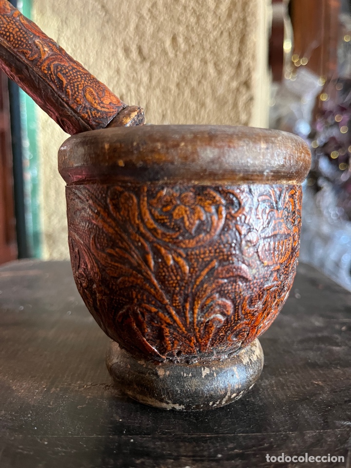 Vintage: Mortero en madera con greca decorativa. - Foto 2