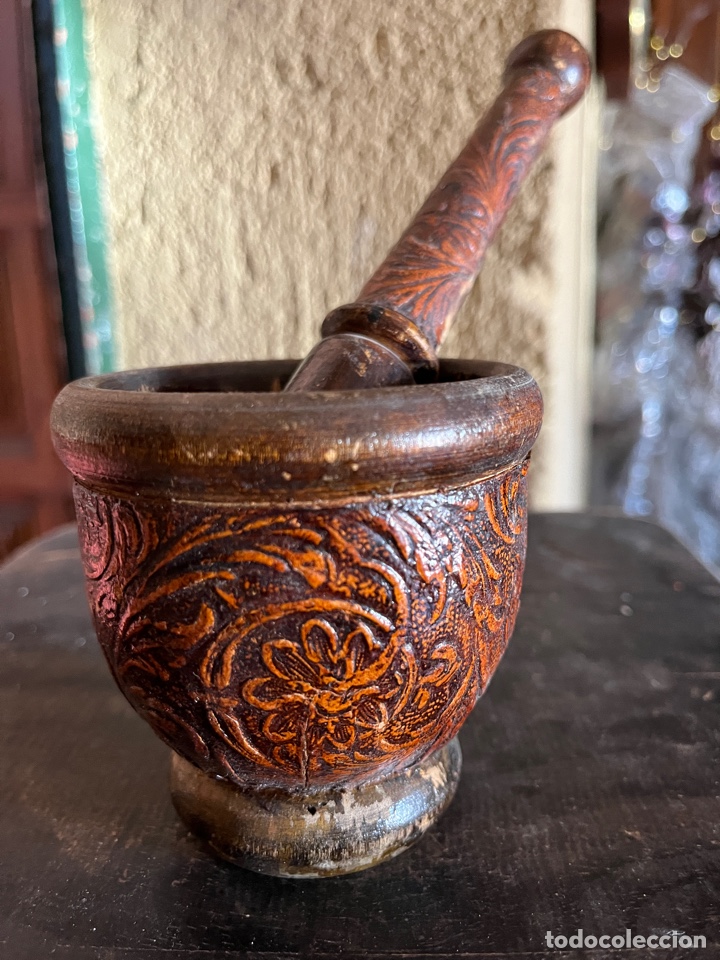 Vintage: Mortero en madera con greca decorativa. - Foto 3