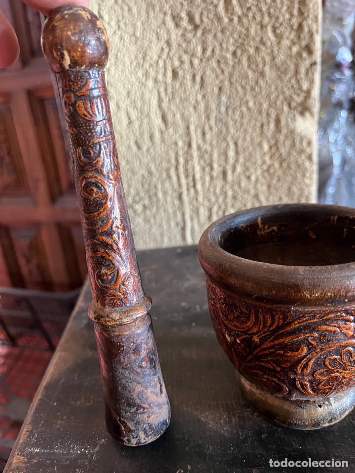 Vintage: Mortero en madera con greca decorativa. - Foto 4