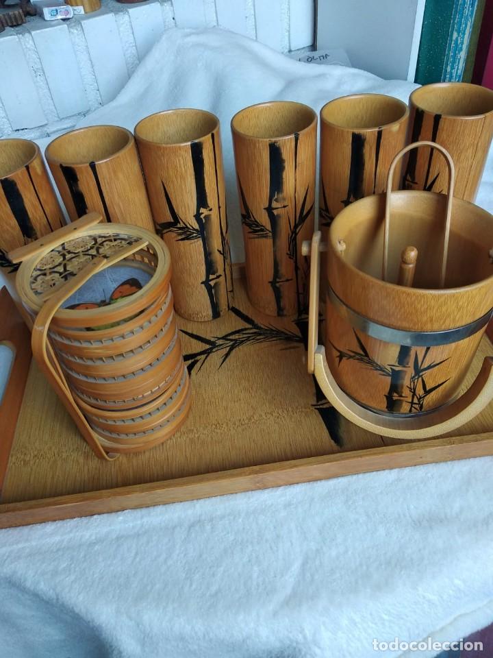 Vintage: Juego de vasos, posavasos, cubitera y bandeja de BAMBU pintado a mano