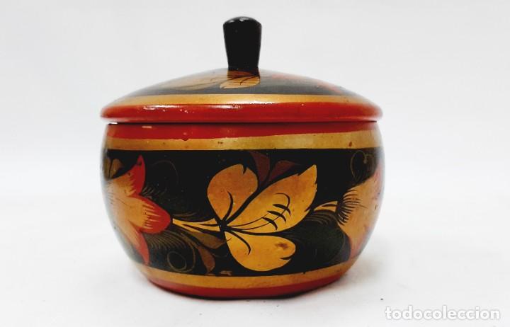 Vintage: Azucarero Hohloma de la era sovi&eacute;tica vintage con tapa, pintado a mano URSS 80's(6.4)