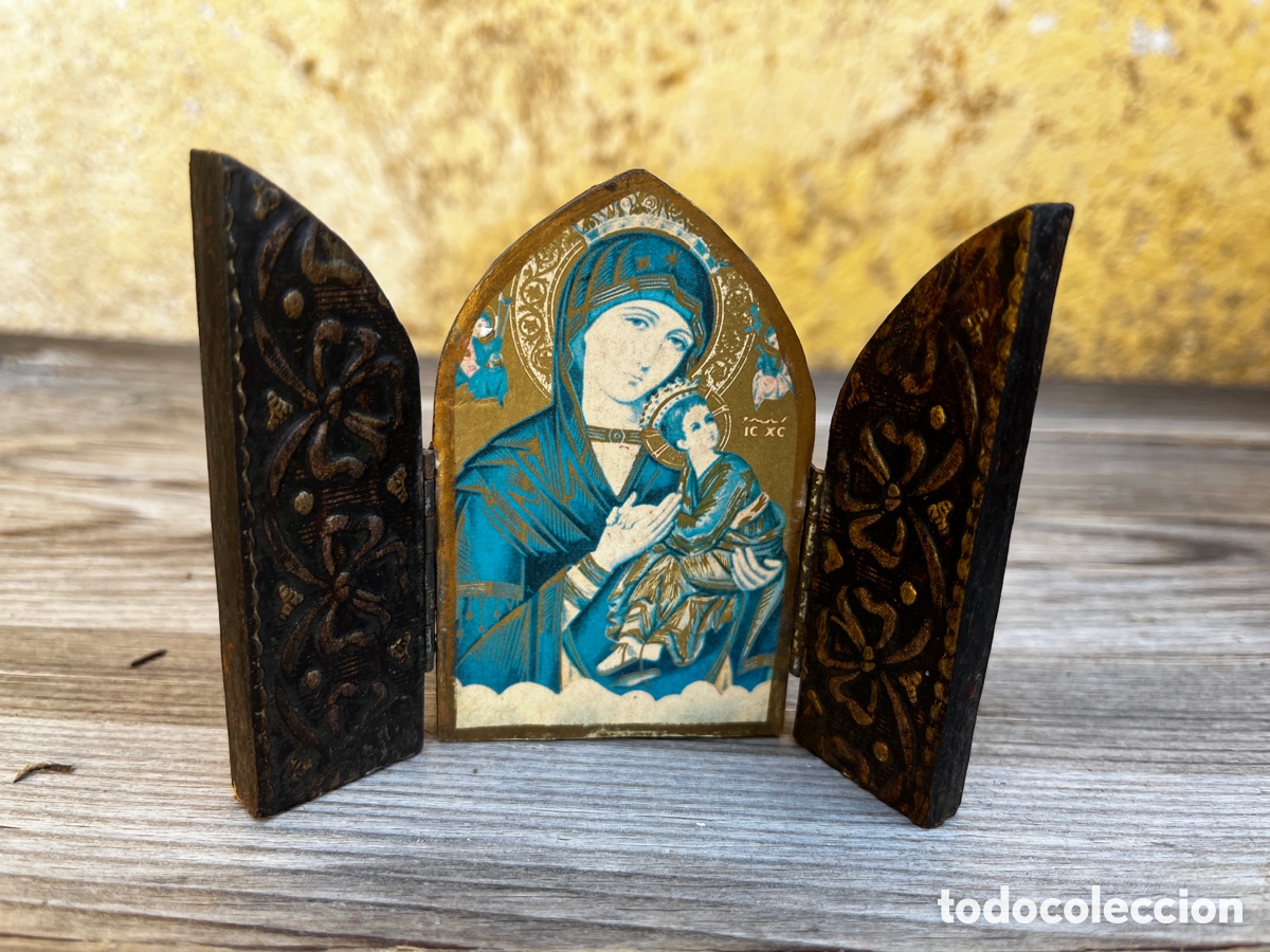 Vintage: I Peque&ntilde;o icono de madera, tr&iacute;ptico. Vintage.