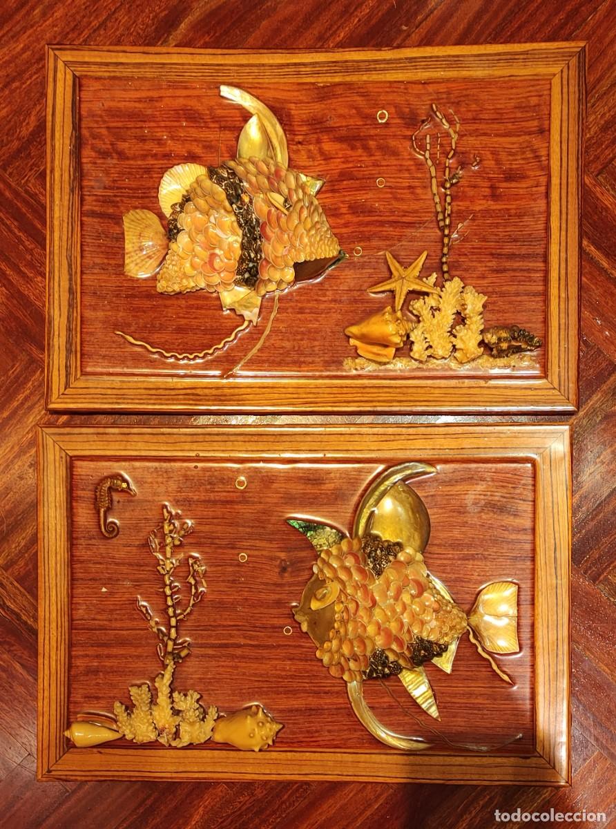 Vintage: CUADROS VINTAGE - PECES EN EL MAR - HECHO CON CONCHAS Y CARACOLAS - 2 CUADROS DE MADERA.