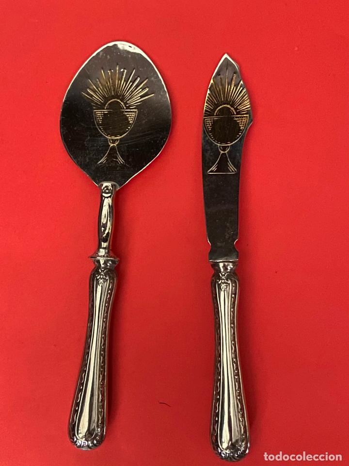 Vintage: 139.- Pala y cuchillo tarta Primera comuni&oacute;n. C&aacute;liz sobredorado y ba&ntilde;o plata
