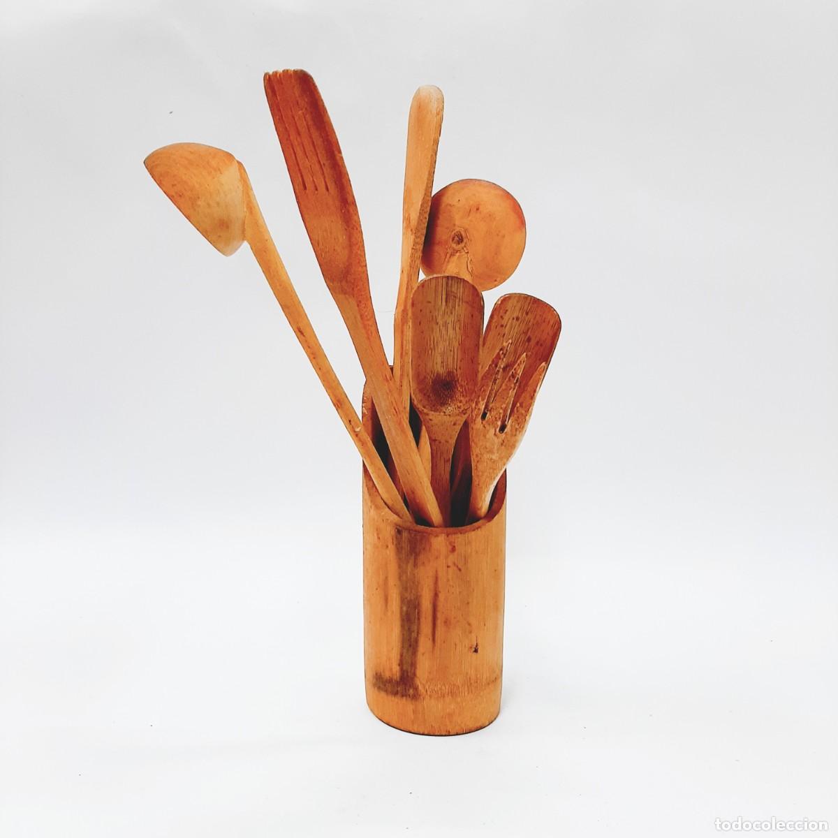 Vintage: Utensilios de cocina de madera primitivos vintage en taza de madera(1.4)