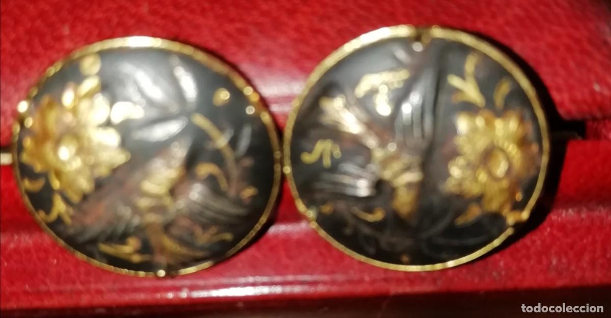 Vintage: Gemelos damasquinado oro ave y flores