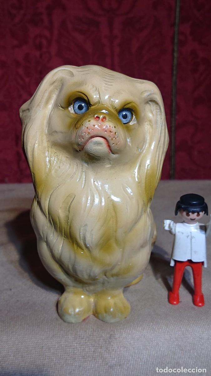 Vintage: FIGURA DE YESO POLICROMADO - PERRO VINTAGE RAZA PEQUINES OJOS DE CRISTAL DE COLOR AZUL TIPO MU&Ntilde;ECA -
