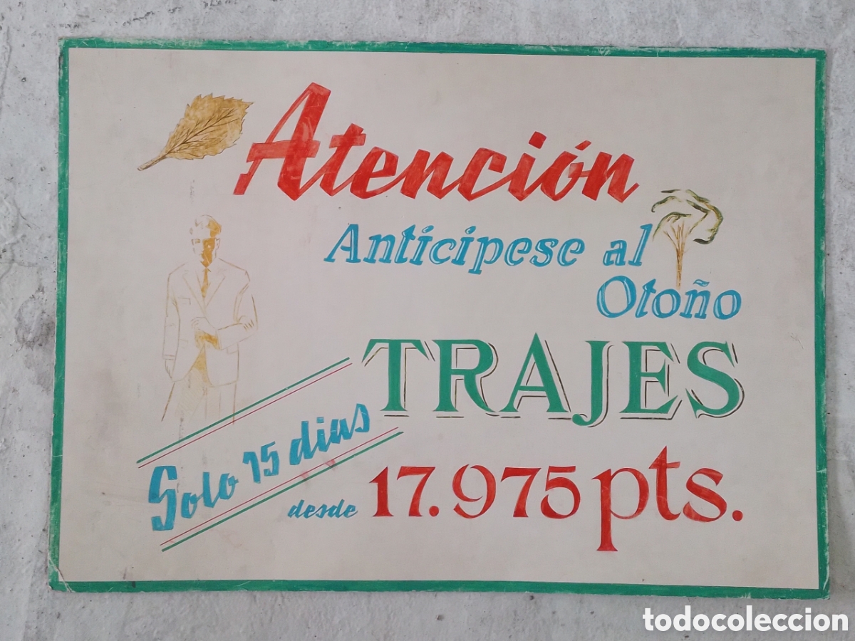 Vintage: Cartel de rebajas de sastrer&iacute;a. Pintado sobre cartulina. 50 x 70 cm. A&ntilde;os 60-70