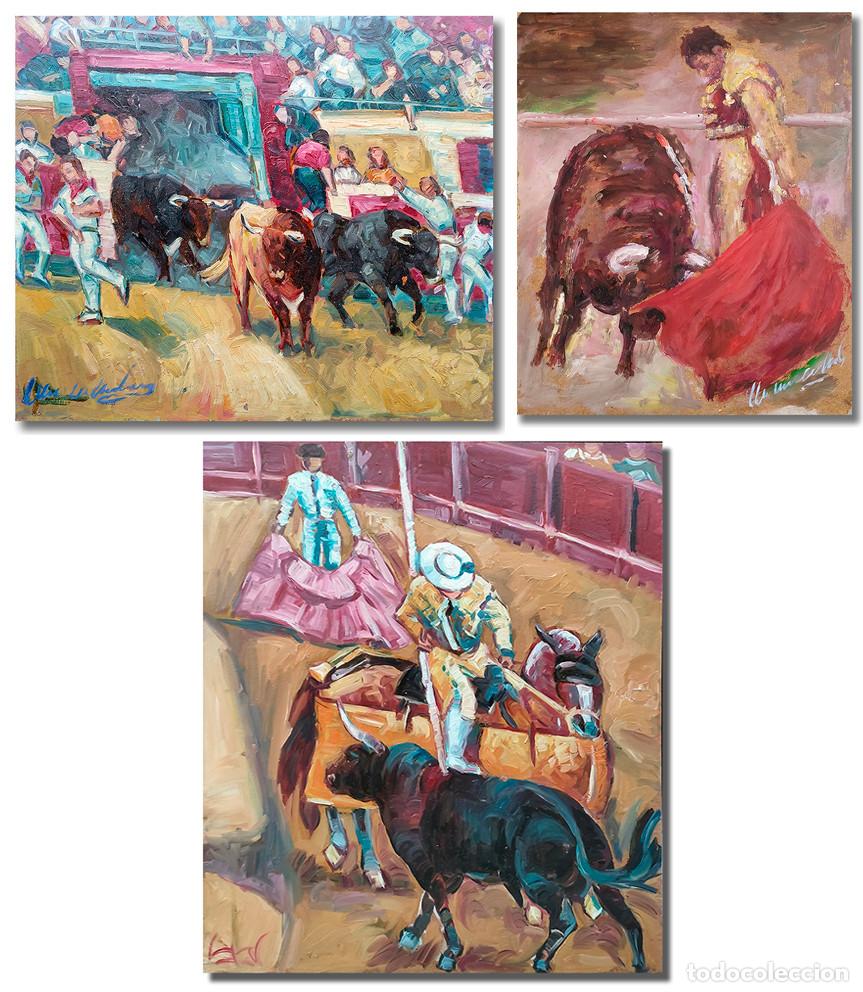 Vintage: 3 pinturas taurinas. Toros. Encierro, Picador, Muleta