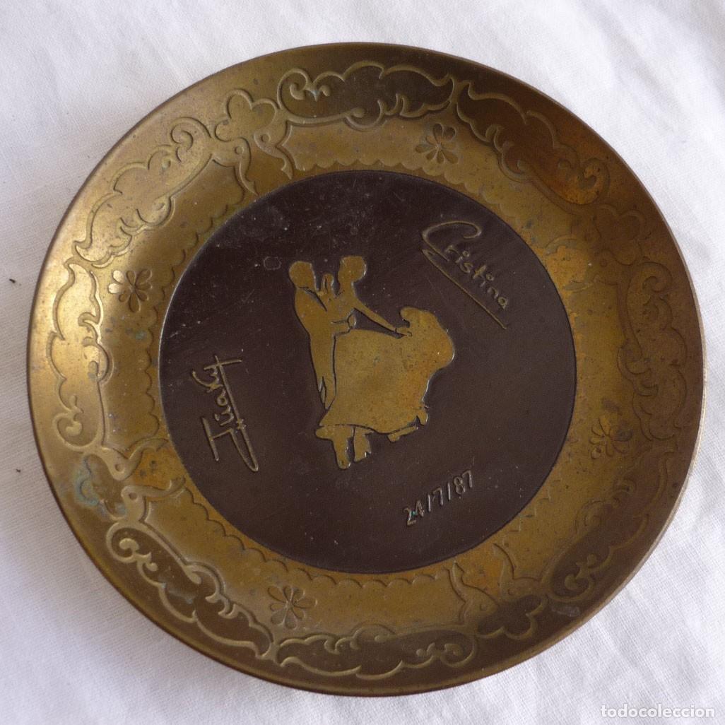 Vintage: Platillo conmemorativo de boda 1987 bronce grabado