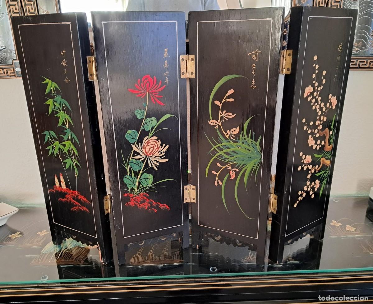 Vintage: Biombo peque&ntilde;o estilo oriental, japones, chino lacado negro