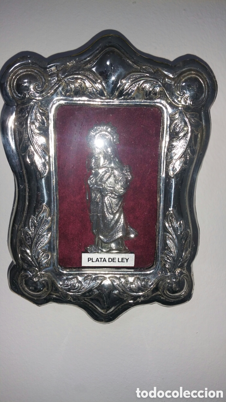 Vintage: Peque&ntilde;o cuadro con virgen de la cinta enmarcada en plata de ley.
