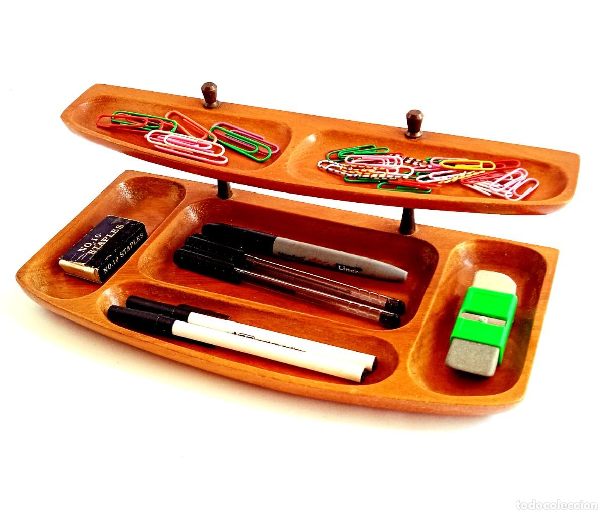 Vintage: Bandeja de Escritorio A&ntilde;os 60 Madera Monkey Pod Dos Niveles Compartimientos
