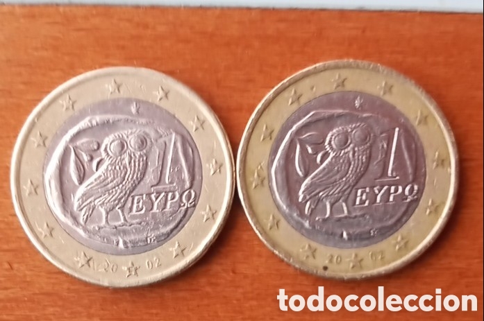 Vintage: Monedas de 1 euro 2 Grecia 2002 letra S y sin letra.