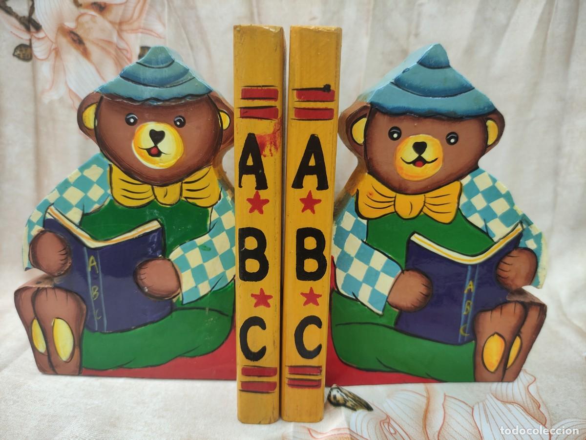 Vintage: Antiguos sujeta libros madera ositos - Foto 1