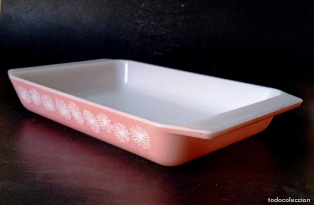 Vintage: Recipiente Pyrex Rectangular Rosado Y Blanco Flores Blancas
