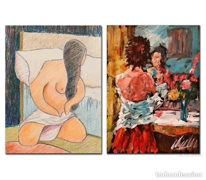 Vintage: Mujer en dormitorio 23 x 32 cms y Mujer frente al espejo 21 x 29 cms. 2 Dibujos Desnudo femenino