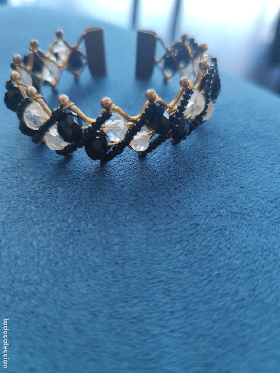 Vintage: Bonito Brazalete Vintage Con Cuentas En Cristal transparente Y Cuentas negras, A&ntilde;os 80.