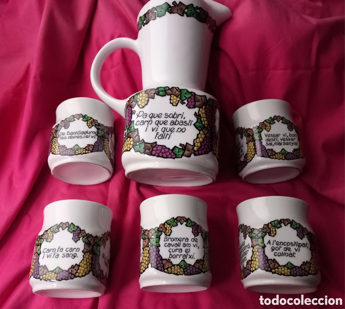 Vintage: Juego de sangr&iacute;a, 6 piezas , de ceramica , con refranes en catal&aacute;n