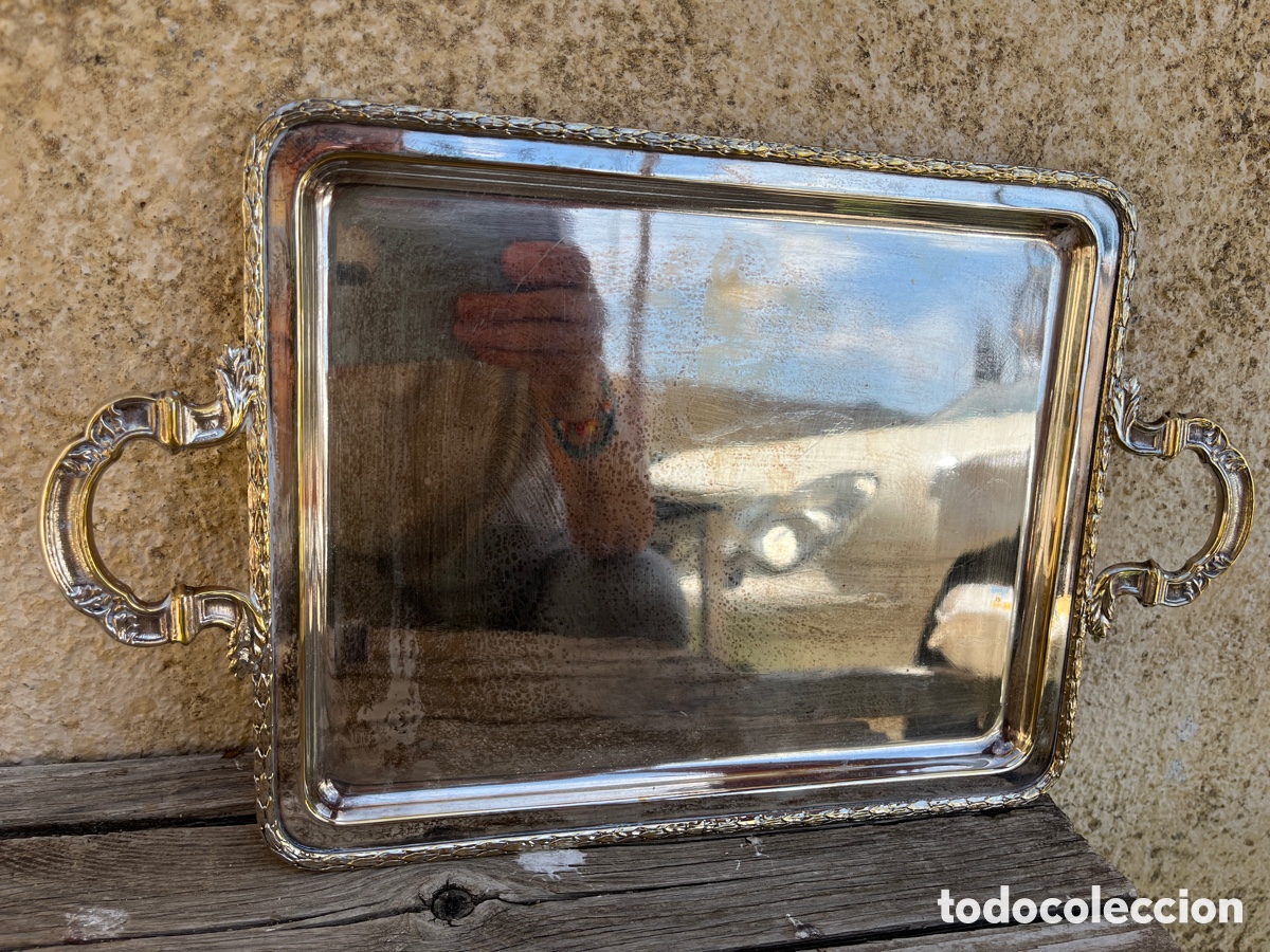 Vintage: Bandeja con greca en metal plateado. Con asas. - Foto 4