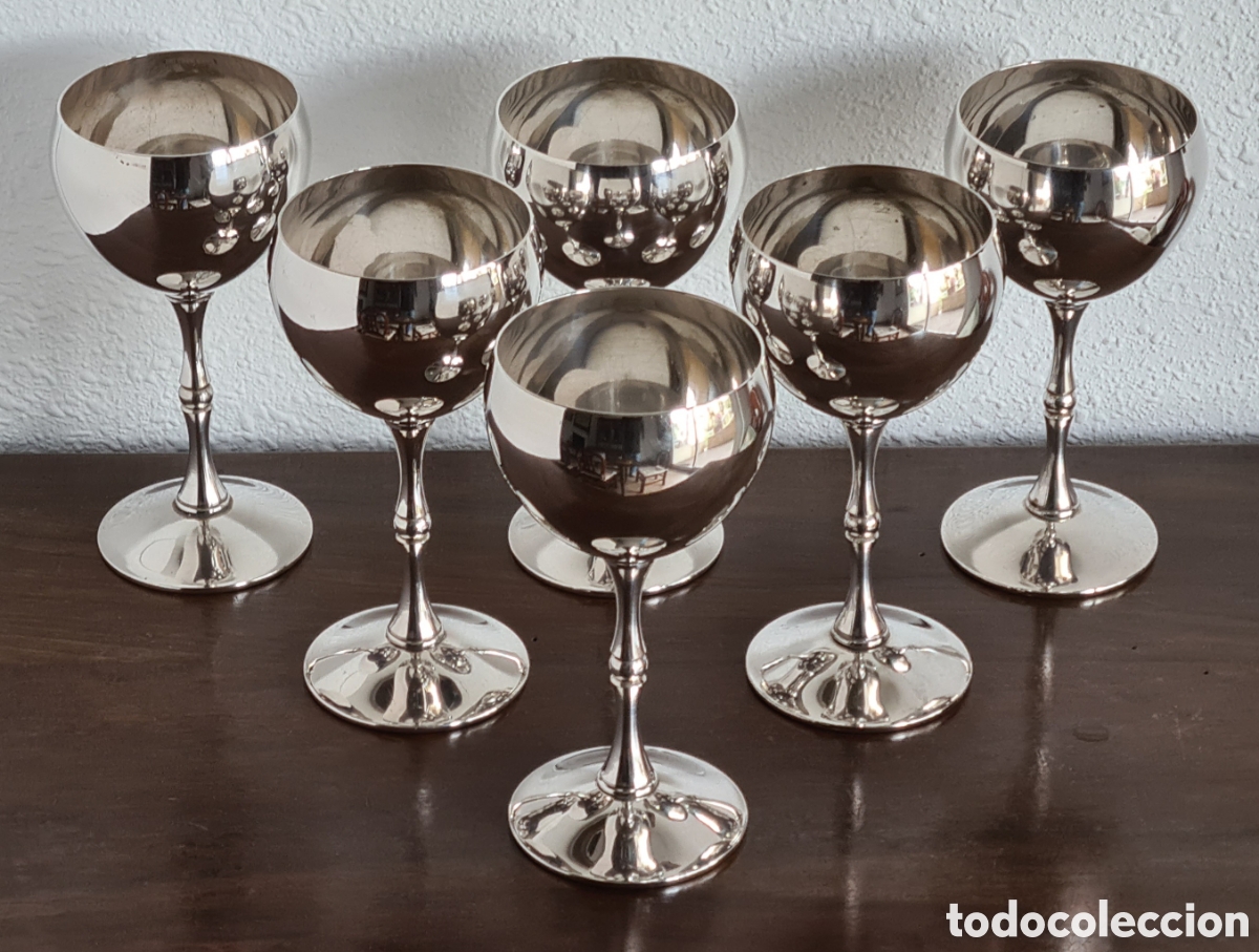 Vintage: 6 Copas Metalicas Ba&ntilde;o de Plata - Silver Plated Valero Made in Spain - Decoraci&oacute;n Vino Licor