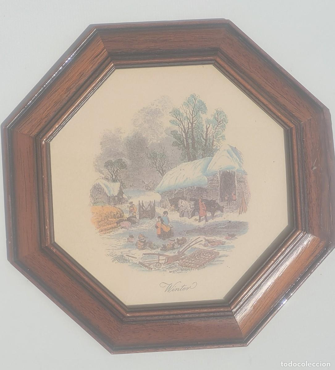 Vintage: Antigua pintura hexagonal, probablemente litograf&iacute;a, paisaje invernal