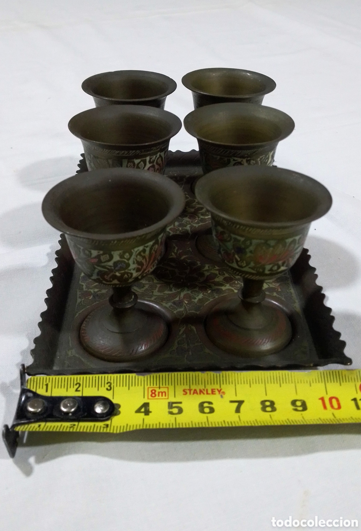 Vintage: BANDEJA CON 6 VASOS &Aacute;RABES DE BRONCE - Foto 2