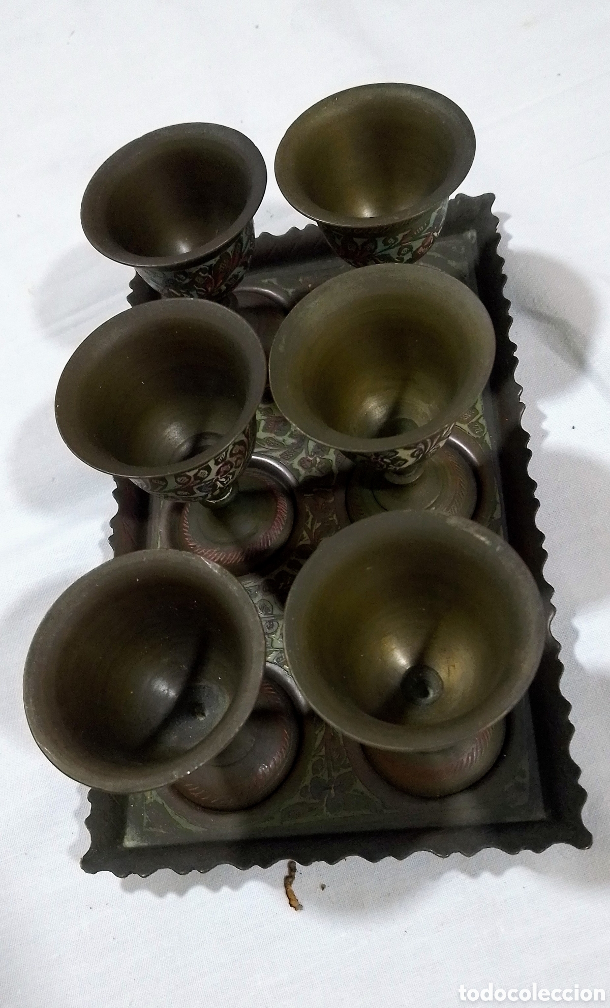 Vintage: BANDEJA CON 6 VASOS &Aacute;RABES DE BRONCE - Foto 3