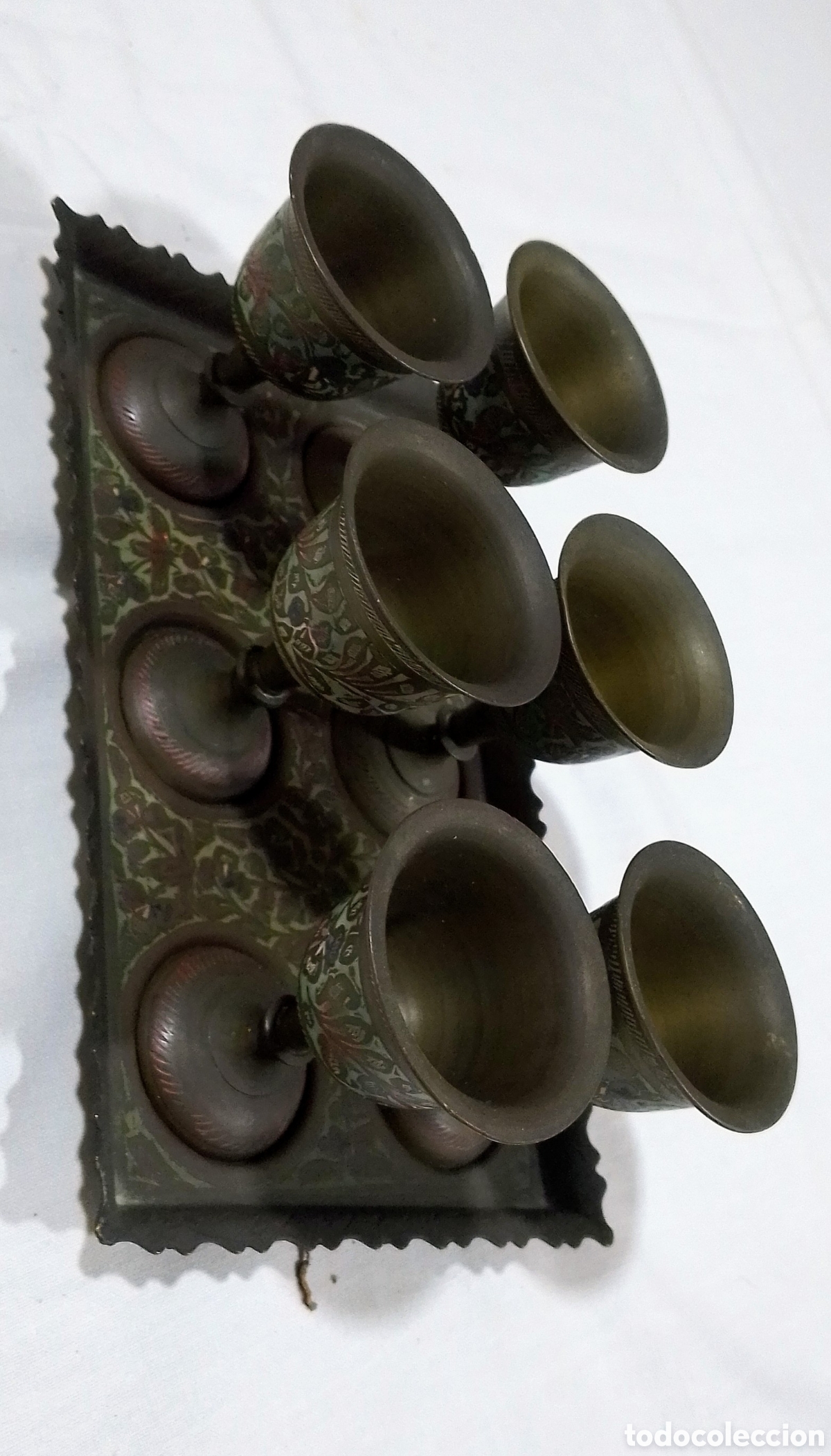 Vintage: BANDEJA CON 6 VASOS &Aacute;RABES DE BRONCE - Foto 4