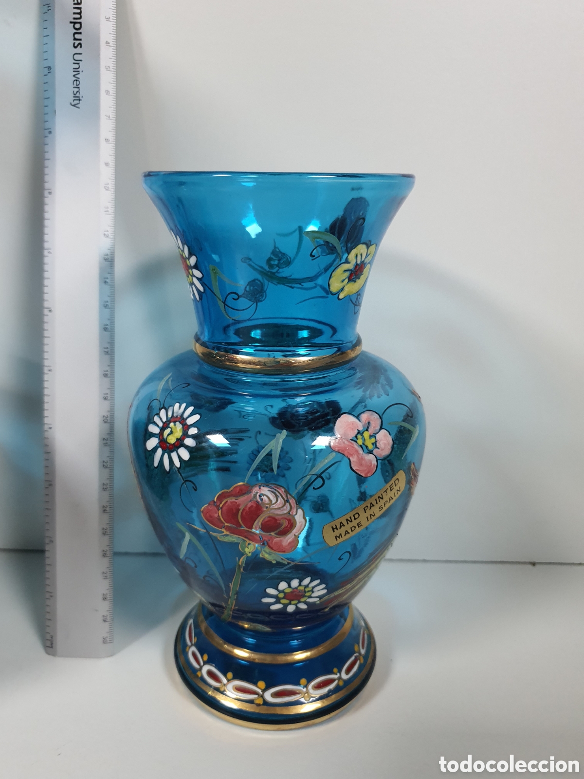 Vintage: Jarron cristal azul pintado a mano