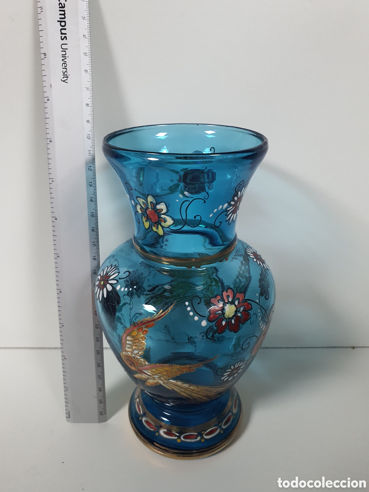 Vintage: Jarron cristal azul pintado a mano