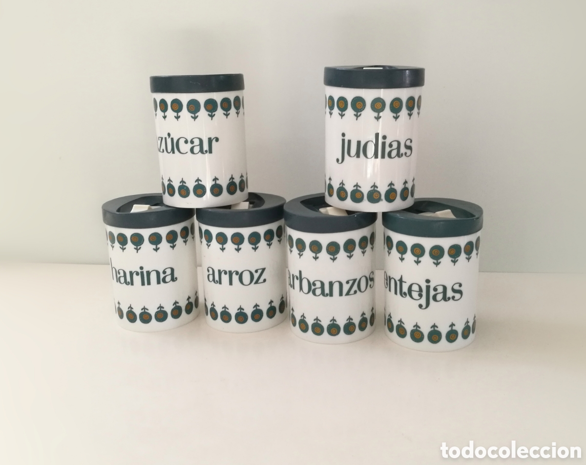 Vintage: RECIPIENTES VINTAGE COCINA A&Ntilde;OS 70 // RETRO LEGUMBRES SAL AZ&Uacute;CAR BLANCO FLORES POP