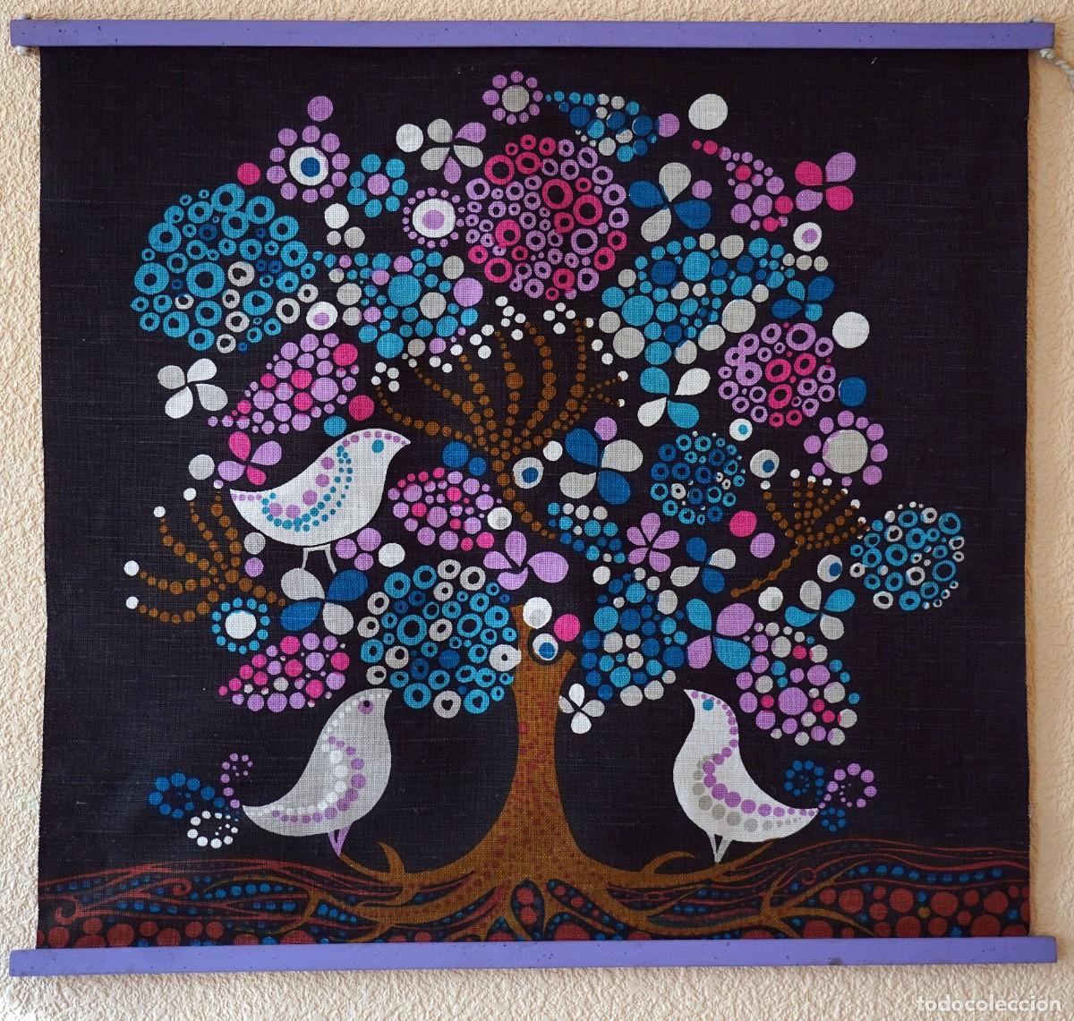 Vintage: &Aacute;rbol del para&iacute;so tela pintado a mano a&ntilde;os 70