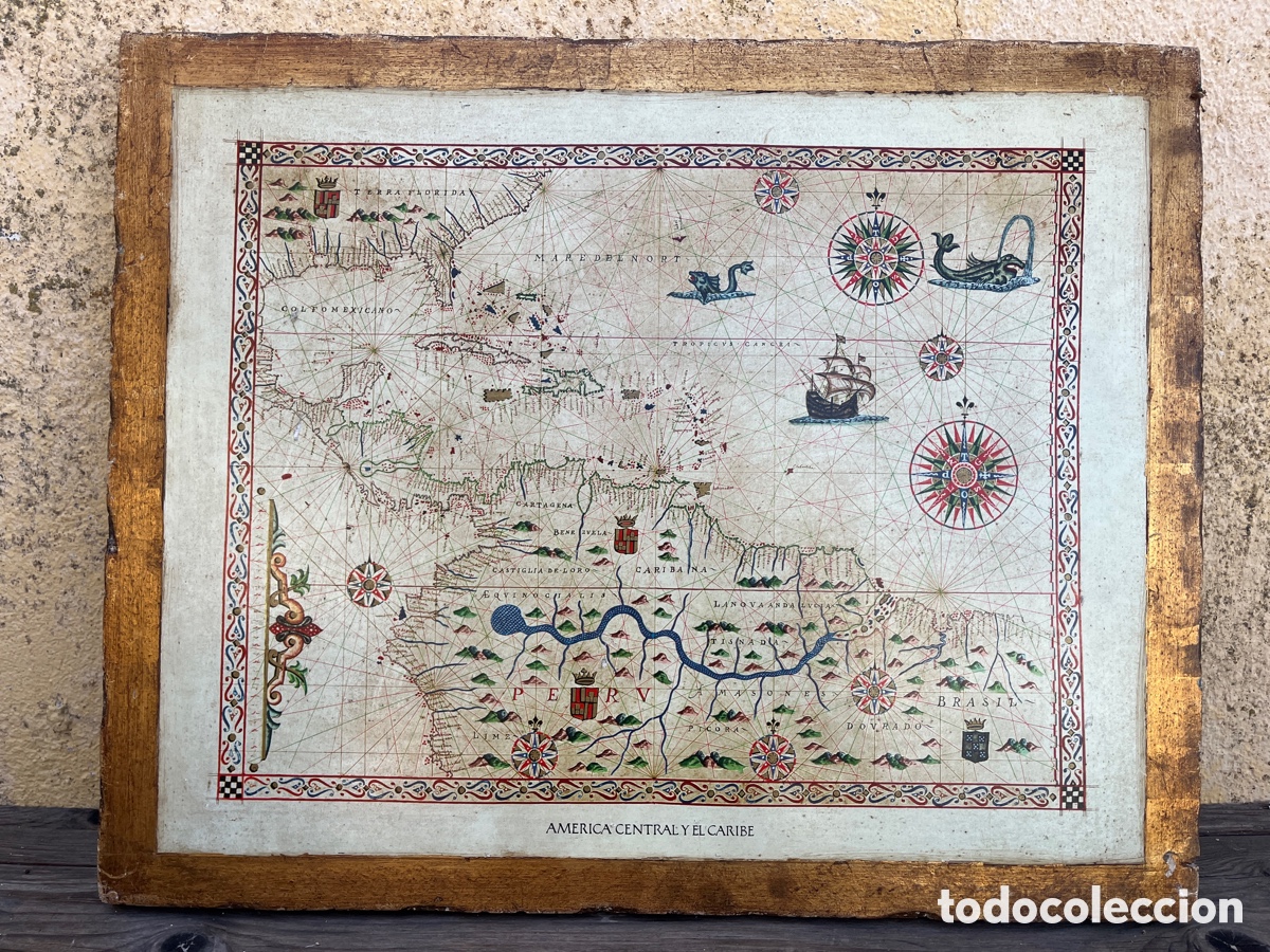 Vintage: Mapa pintado sobre tabla de madera. Am&eacute;rica Central y el Caribe.