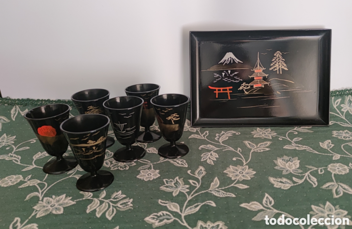 Vintage: Bandeja laca china con 6 copas de Sake - Foto 1