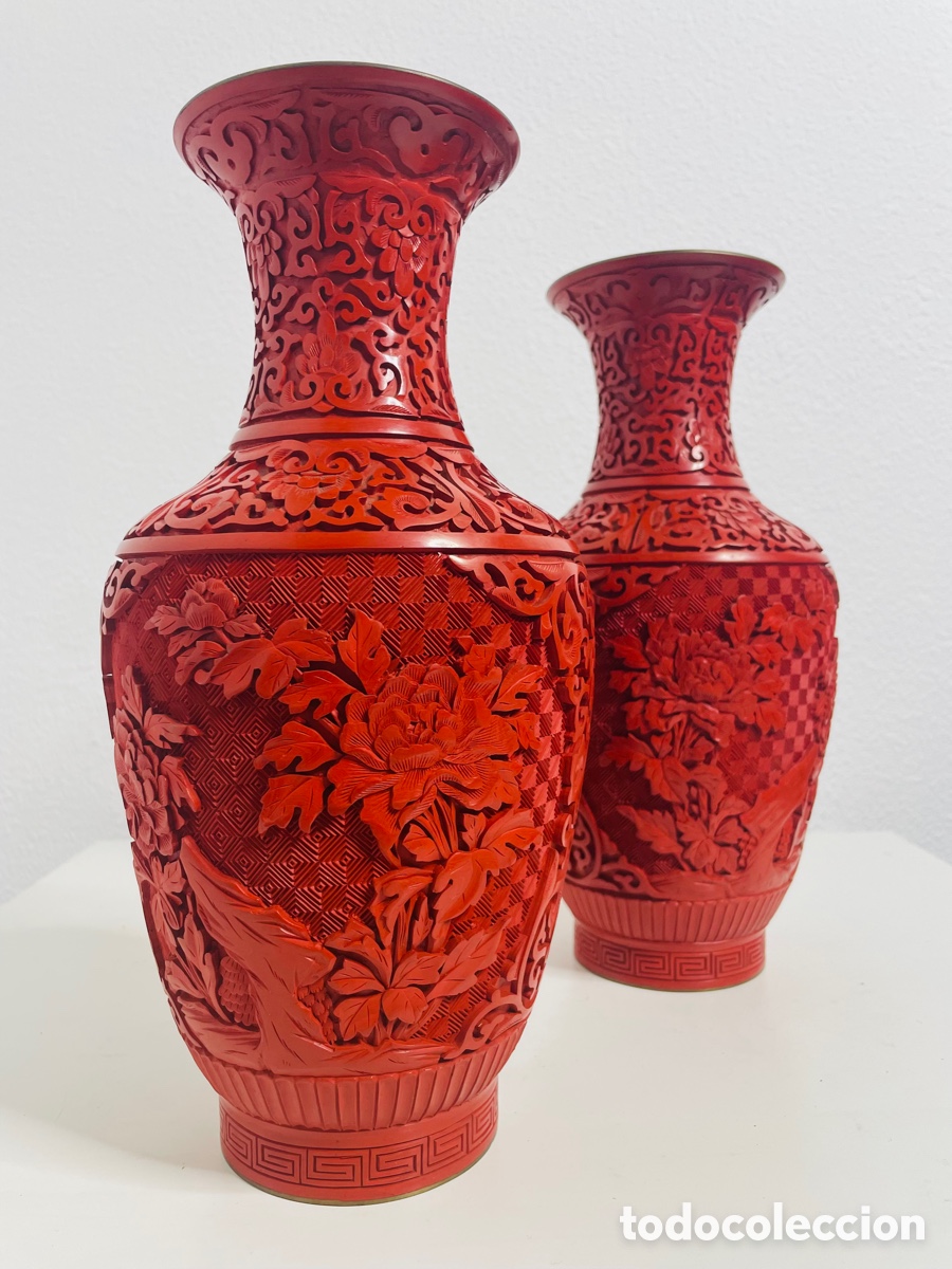 Vintage: Jarrones Laca China Cinabrio - Foto 2
