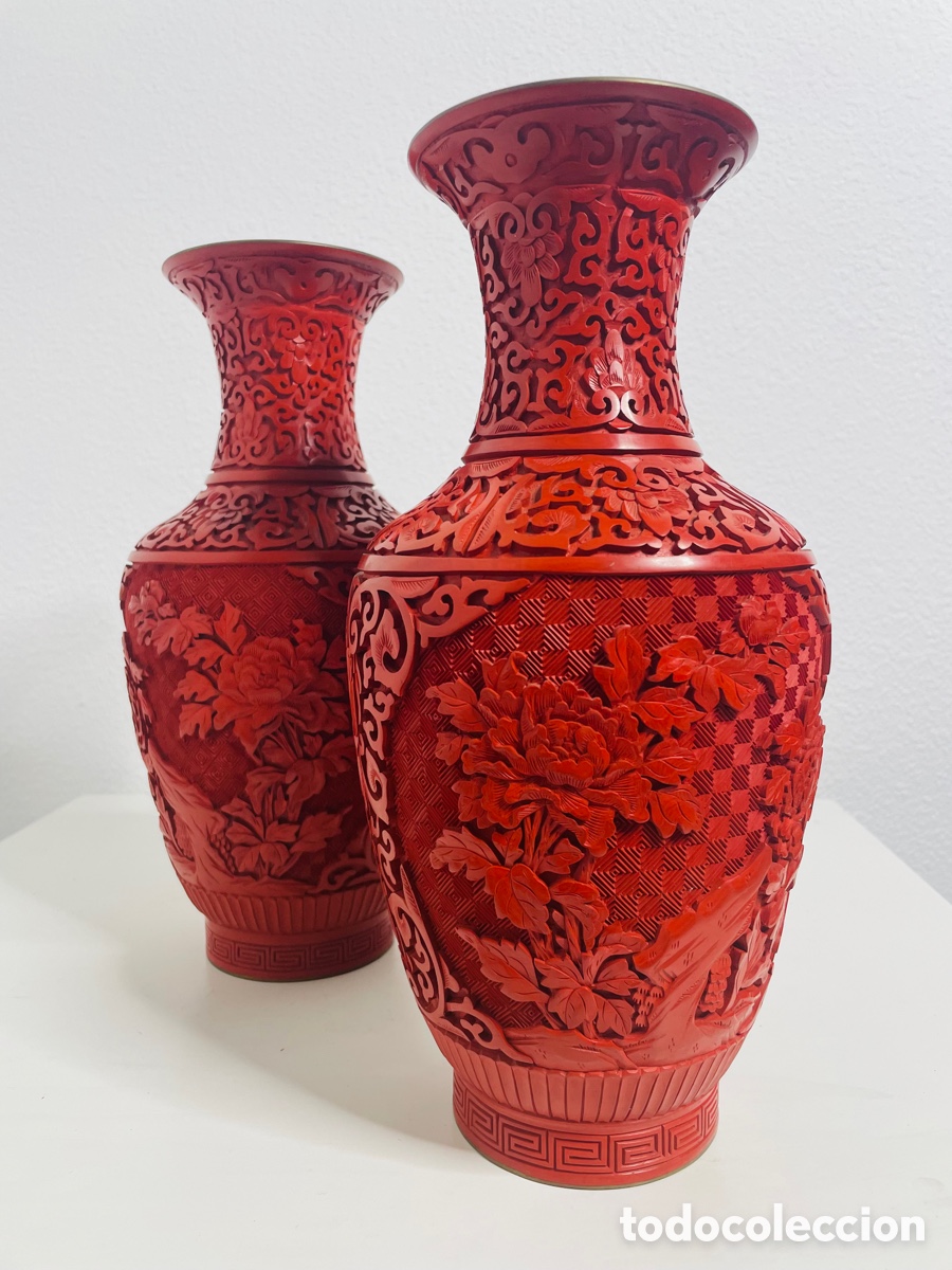Vintage: Jarrones Laca China Cinabrio - Foto 3