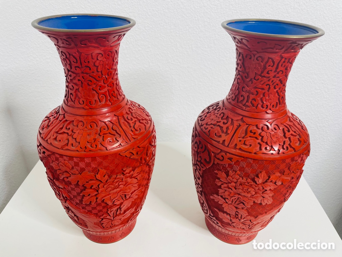 Vintage: Jarrones Laca China Cinabrio - Foto 6