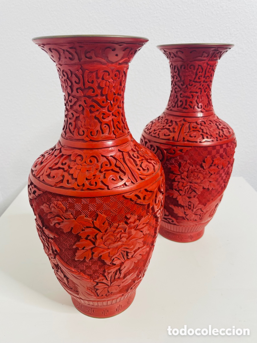 Vintage: Jarrones Laca China Cinabrio - Foto 7