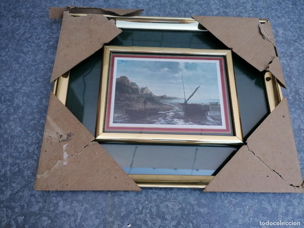 Vintage: Cuadro con paisaje mar&iacute;timo y doble marco dorado