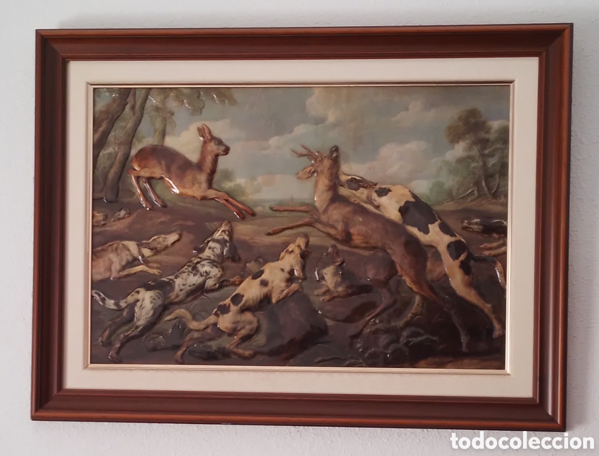 Vintage: Cuadro en relieve con escena de caza. 56 x 76 cm. Excelente estado.
