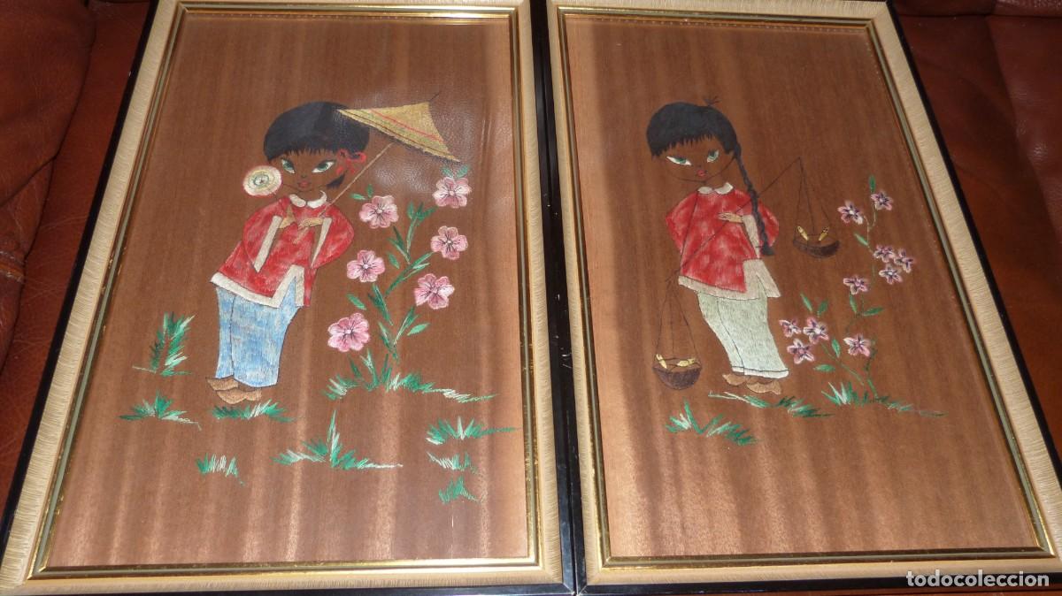 Vintage: DOS BORDADOS VINTAGE SOBRE CHAPA MADERA NOBLE, A&Ntilde;OS 60 40X25
