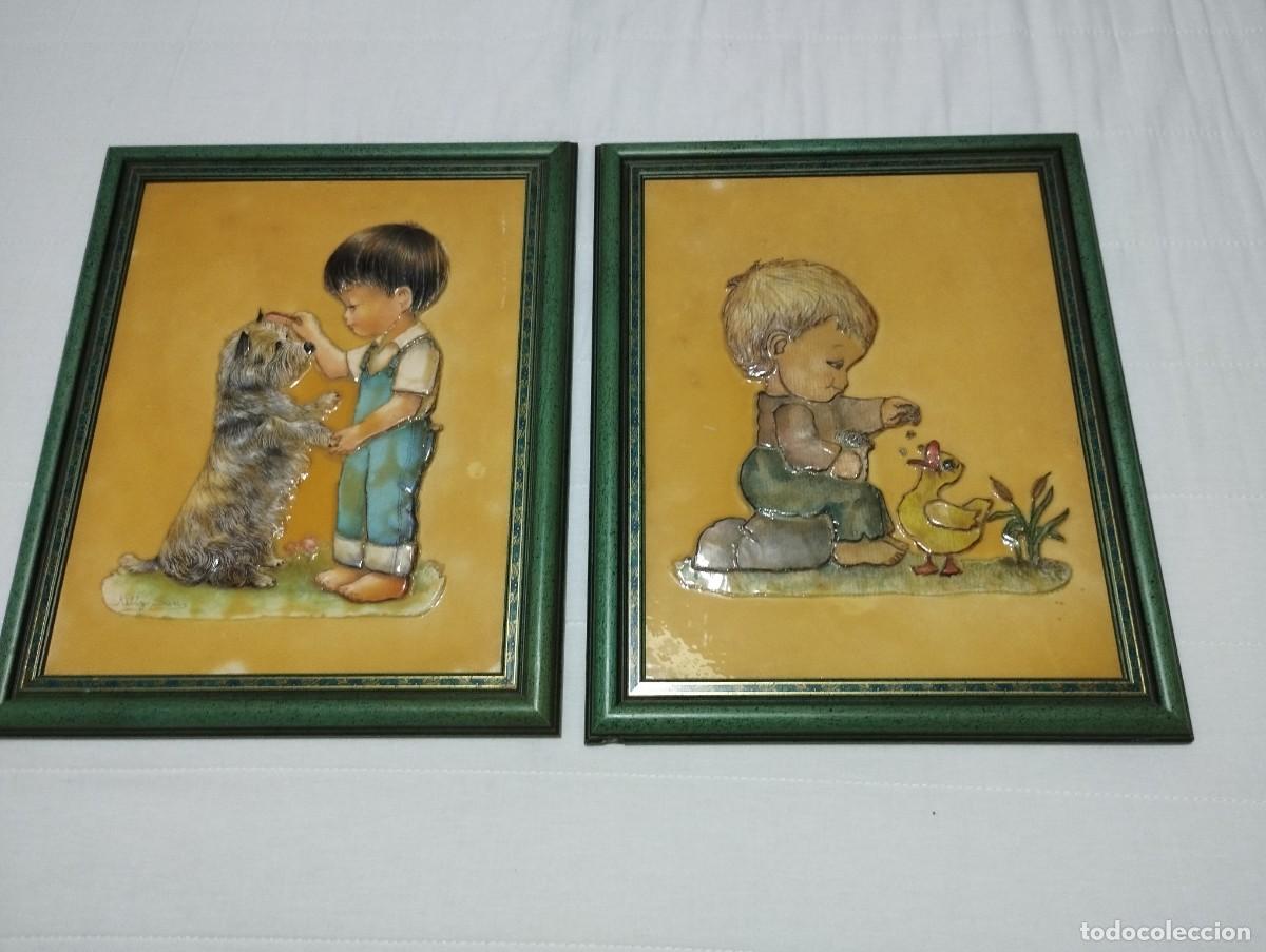 Vintage: 2 cuadros de Kitty Sunn , ER en relieve y esmaltados 35 x 29 cms. a&ntilde;os 70