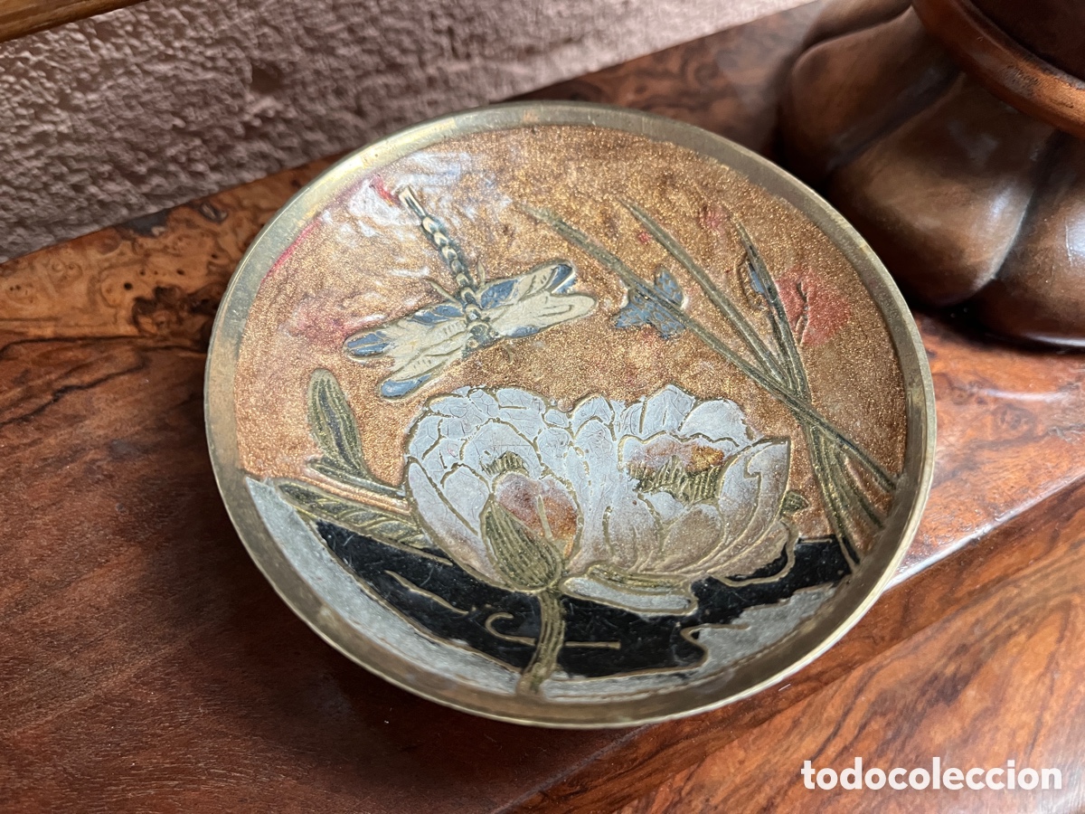 Vintage: Peque&ntilde;o cuenco o plato de metal esmaltado. Lib&eacute;lula con nen&uacute;fares