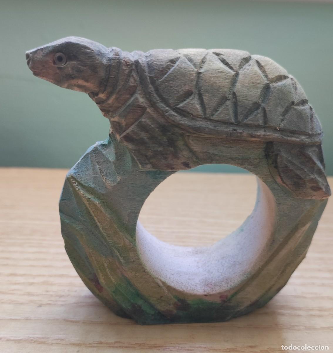 Vintage: servilletero / aro servilletas - tortuga - madera tallada - artesanal - ver foto - a&ntilde;os 70 - s/n