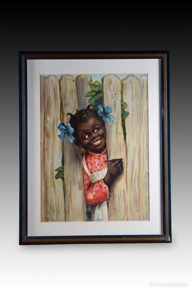 Vintage: Muchacha escribiendo en una valla. Litograf&iacute;a. Siglo XX, siguiendo modelos de BRUNDAGE, Frances.