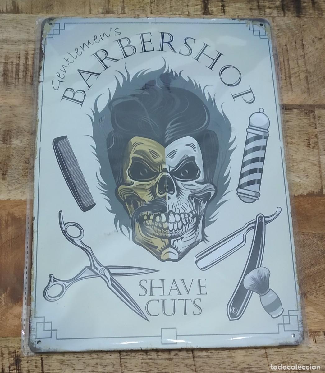Vintage: BARBER&Iacute;A. CARTEL MET&Aacute;LICO NUEVO (20 X 30 CM).