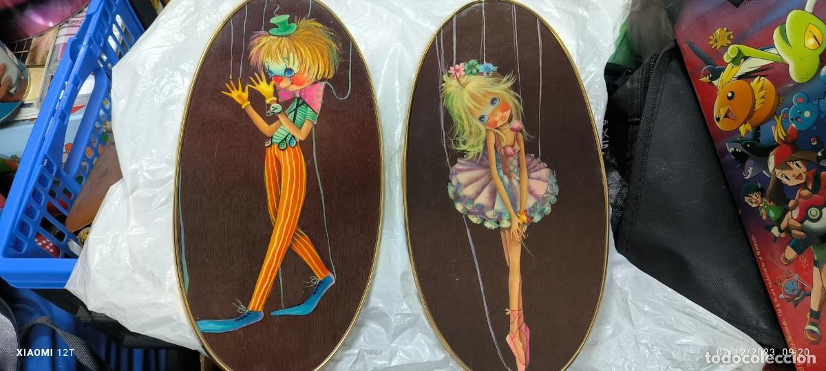 Vintage: 2 cuadros vintage sobre madera de marionetas Arlequ&iacute;n y Bailarina a&ntilde;os 60 o 70